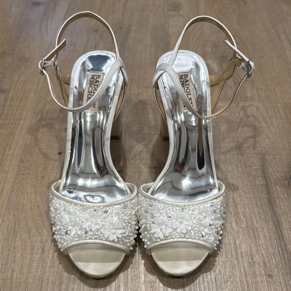 Badgley Mischka White High Heeled Sandals with Embellished Design